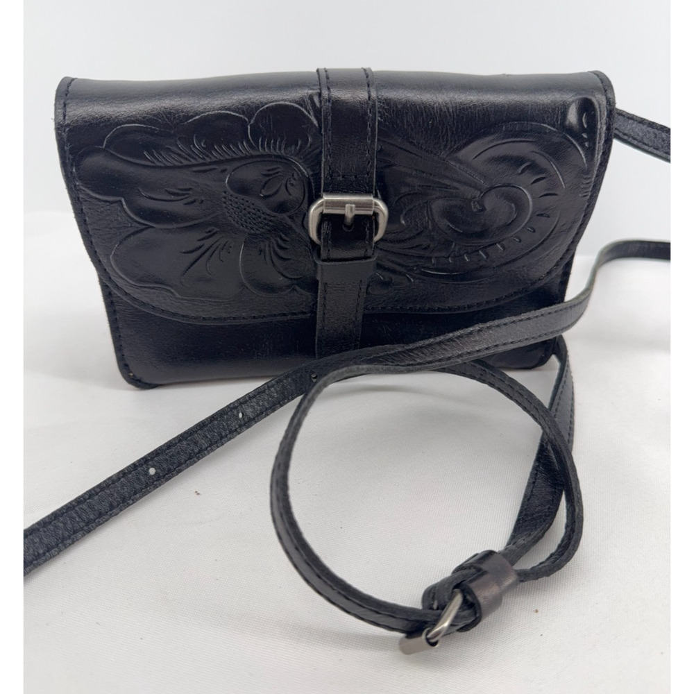 Patricia Nash Tooled Leather Crossbody Wallet Purse Black Floral Western - Picture 2 of 8